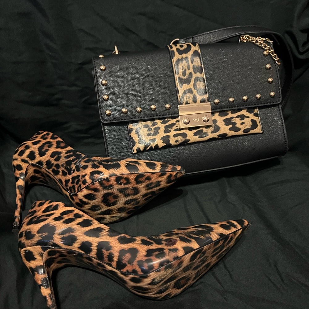 Leopard Print Heels AND Black Studded Handbag BUNDLE